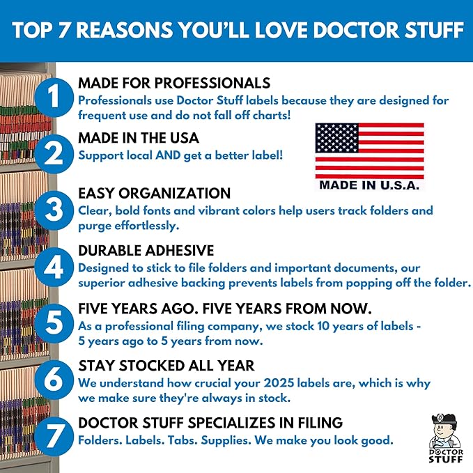 2025 Year Labels, Doctor Stuff 2025 Chart Stickers, Orange/White Color Coded, Reynolds & Reynolds Style, USA Made Year Stickers for End Tab File Folders, 500/Roll, 1 Roll, 3/4" x 1-1/2"