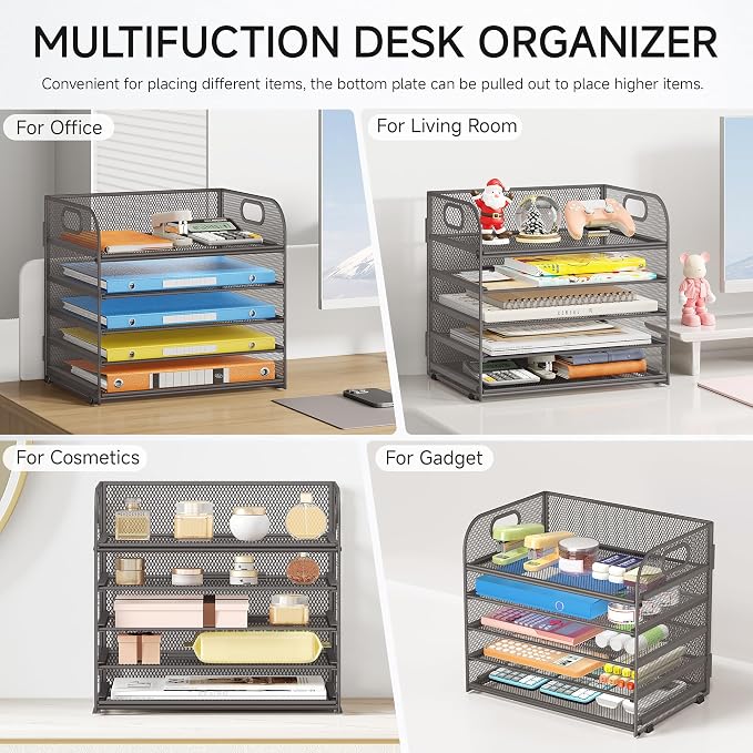 Lavatino 5 Tray Desk File Organizer, Mesh Paper Sorter Letter Tray Organizer with Handle, Desktop File Organizer and Storage for Letter/A4 Office File Folder- Grey