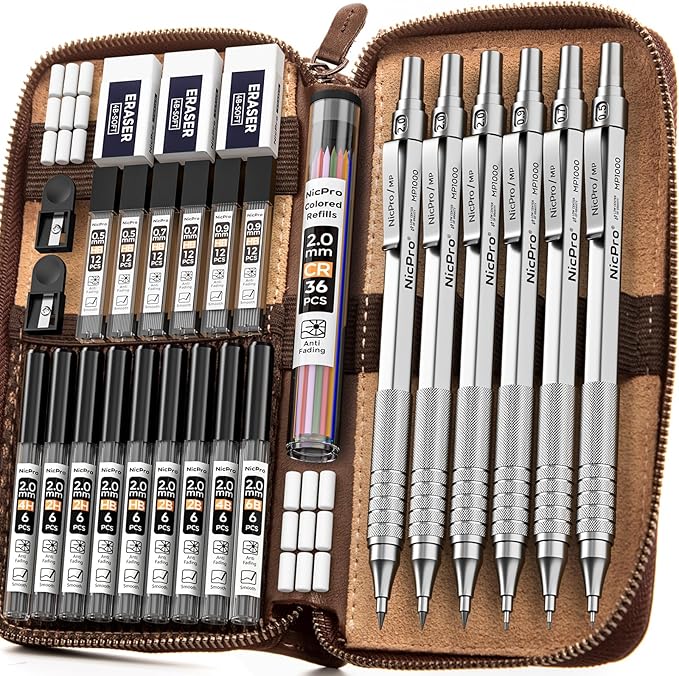 Nicpro 30PCS Silver Metal Mechanical Pencils Set in Leather Case