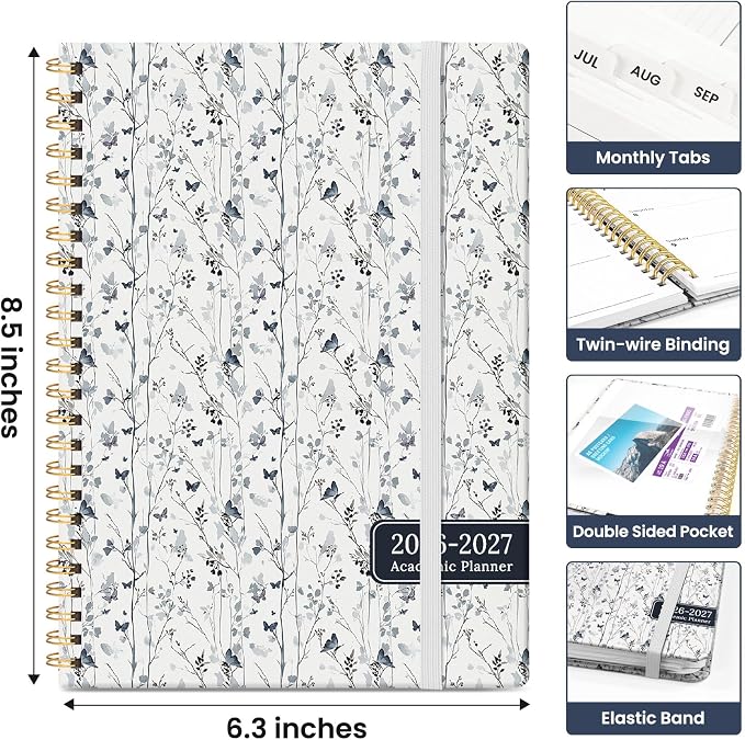 Planner 2026-2027, Jul 2026-Jun 2027 Monthly & Weekly Planner Calendar | 6.3" x 8.5", Hardcover Academic Spiral Pretty School Planning Book for Women, Teacher, Student, Butterfly Grove