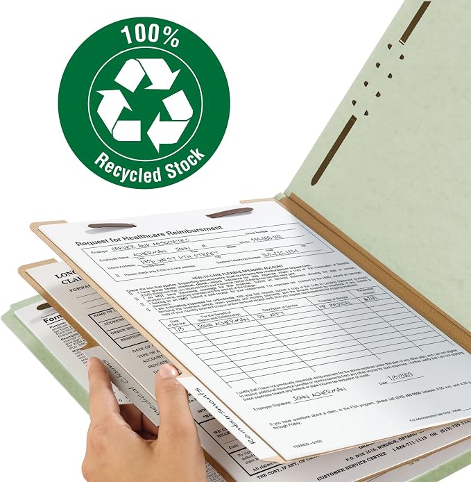Smead 100% Recycled Pressboard Classification File Folder, 2 Dividers, 2" Expansion, Letter Size, Gray/Green, 10 per Box (14023)