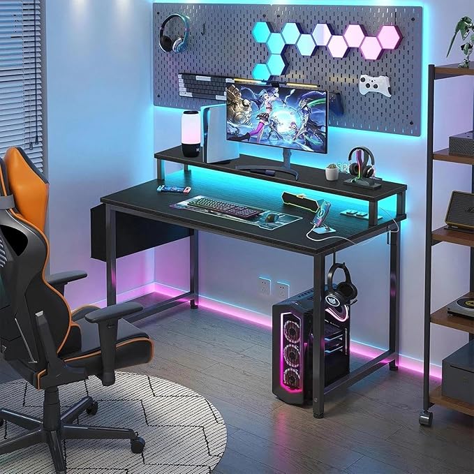 Lufeiya Small Desk with Power Outlets and LED Lights, 32 Inch Teen Writing Study Table Home Office Computer Desks with Monitor Stand, Gaming Desk with Charging Station, Black