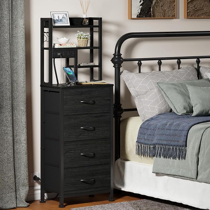 Tall Nightstand, LED Night Stand with Charging Station | USB Ports, 4 Fabric Drawers and 4 Tier Storage Shelf, Nightstands Bedside Tables for Bedroom, Dorm, Office (Black Oak)