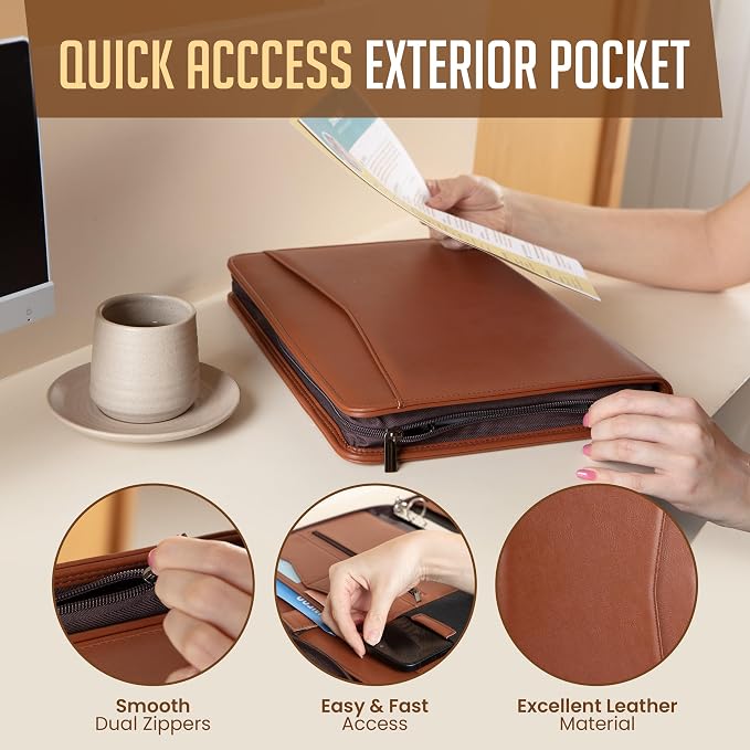 STYLIO Zipper Portfolio | Padfolio 3 Ring Binder (1") and Clipboard Folio (Removable) | Portfolio Organizer for Documents, Tablet, Phone |Faux Leather Binder for Men and Women | Tan (Brown) Color