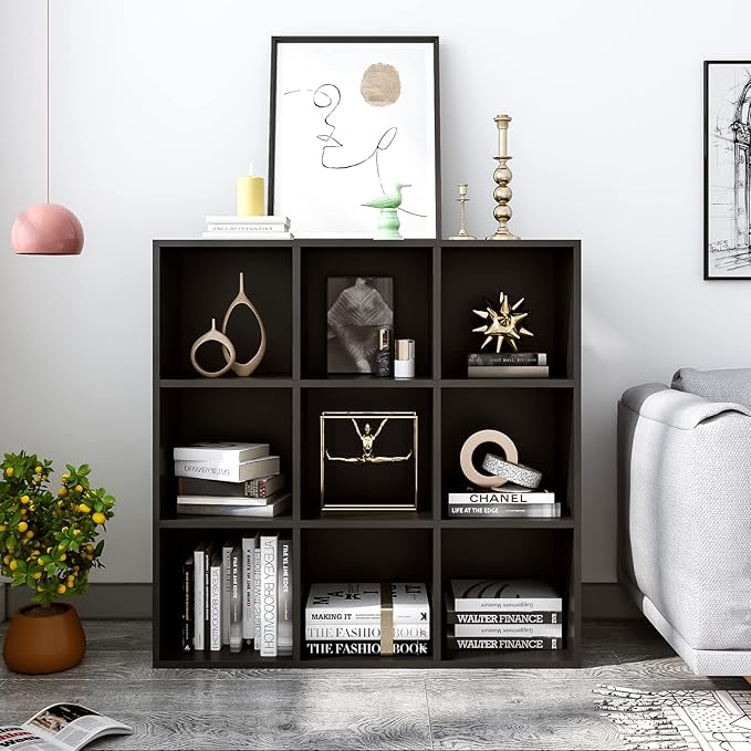 9-Cube Storage Shelf Bookcase, Black | Wooden 3-Tier Open Bookshelf, Fits 11×11" Bins, Vertical or Horizontal Use, Full Back Panels, For Home Office