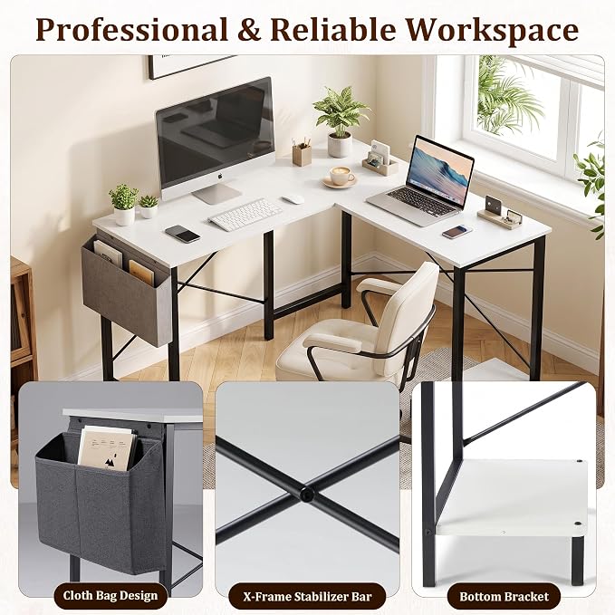 Alpen L Shaped Gaming Desk, Small Computer Desk, 50 Inch Wide Corner Desk, Work from Home Desk, Study Table for Bedrooms, PC Writing Table with Storage and Reversible Shelf, White