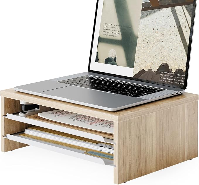 Fenge 14.3-Inch Monitor Stand with Slide-Out Trays, Wood & Metal Desk Shelf | 3-Tier Space-Saving Desk Storage Organizer, Fits Computer, Laptop, Printer and Telephone