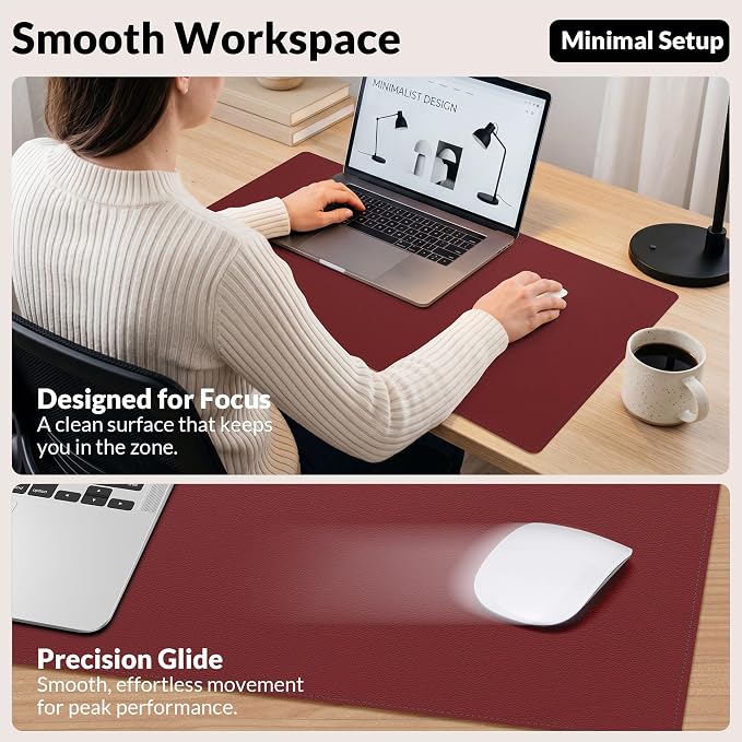 AFIING Leather Desk Pad Protector, 23.6" x 13.7", Red | Dual-Sided Cork & PU Leather, Waterproof, Non-Slip Mouse Pad & Writing Pad for Home, Office, Study & Laptop