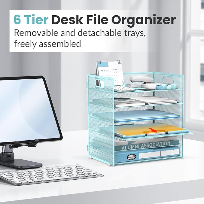 Daltack 6-Tier Paper Organizer for Desk with Handle, Blue, 2 Pack | Sturdy Metal Mesh Organizer with Movable Middle Trays and a Carry Handle for Papers, Folders and Office Supplies