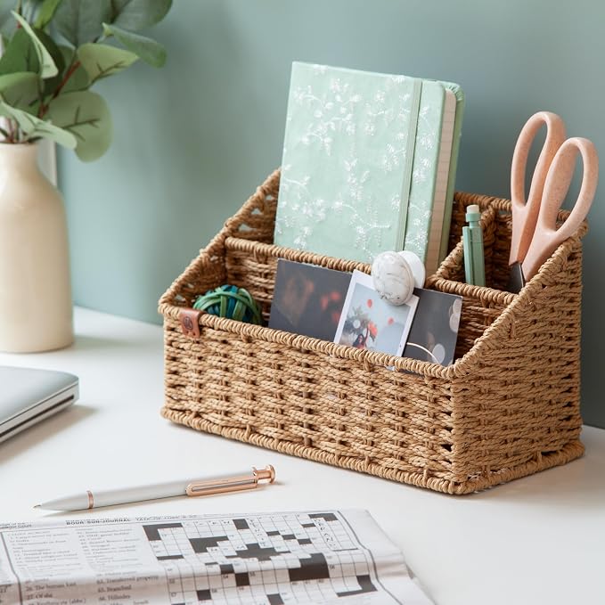 U Brands Woven All-in-1 Desk Organizer, Rattan, 1 Count, for Home Office