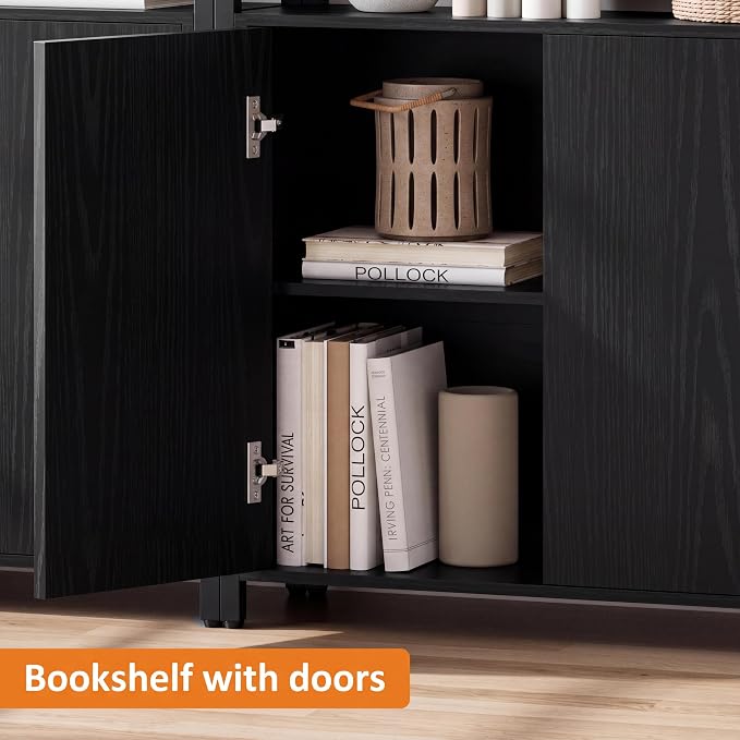 Garvee 71" Tall Bookshelf with Doors and Adjustable Shelf, Black | Industrial Display Standing Shelf Rack with 3-Tier Shelves, Bookcase with Protective Rails for Living Room, Office