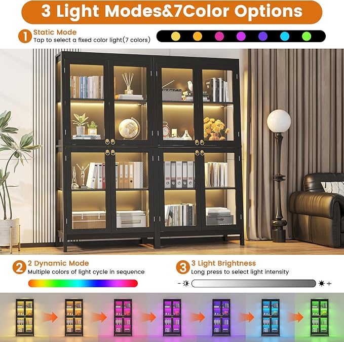 kepptory 65" Glass Display Cabinet with LED Light, Trapezoidal Display Case with 4 Tempered Glass Doors, Curio Storage Cabinet for Collectibles, Figures, Awards, Book and Toy (Black)