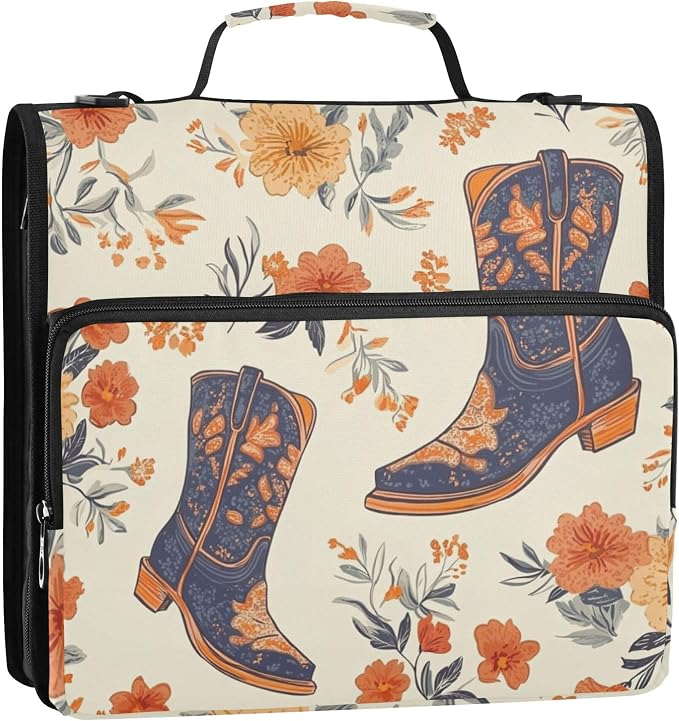 Fisyme Retro Cowgirl Boots Western Zipper Binder 3 Ring with Zipper and Shoulder Strap Large Capacity Multi-Pocket Binder Organizer