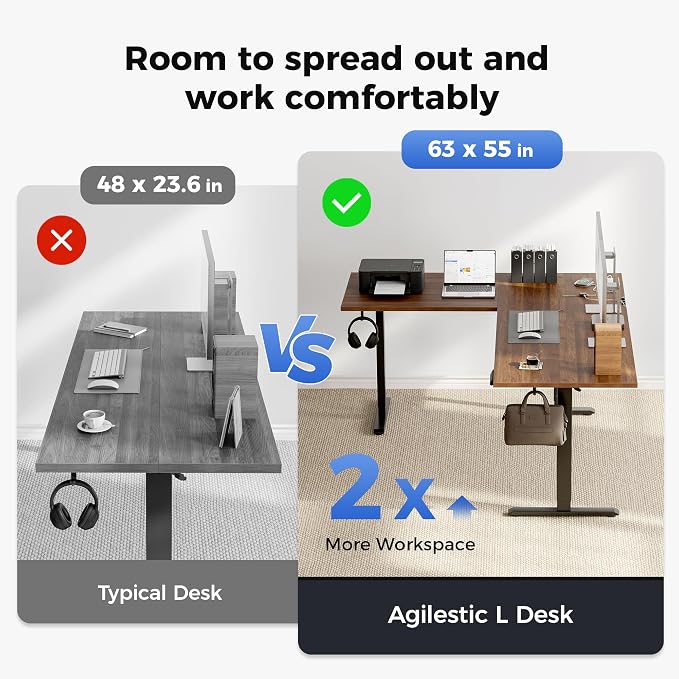 Agilestic 63 x 55 Inch L Shaped Standing Desk with Powerstrip, Dark Walnut | Outlets, Cable Management, Corner Desk, Ample Workspace, Memory Presets, Hooks, Stable Steel Frame,176 lbs, Splice Board