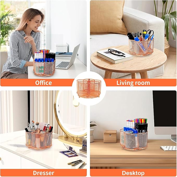 Pen Holder for Desk,360 Degree Rotating Pencil Holder Organizer | 5 Compartments,Large Capacity Pencil Holder for Desk,Metal Rust Prevention,Pen Organizers for Home(Rose Gold, No hook)