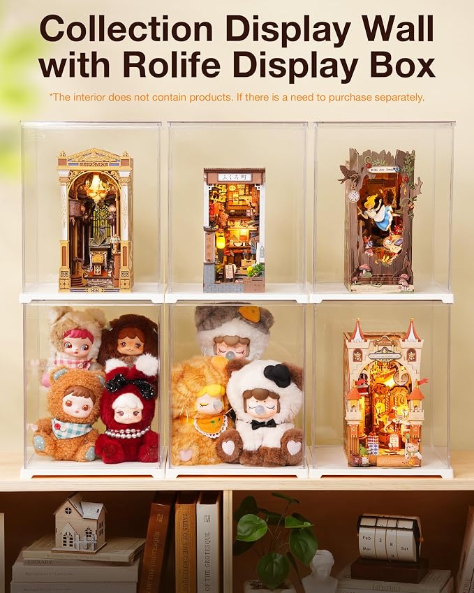 Rolife Display Box for Hobby Collectibles | Tool-free Assembly, Clear Acrylic Display Case for Book Nook, Dust Cover Showcase Clear Stackable Storage Bin