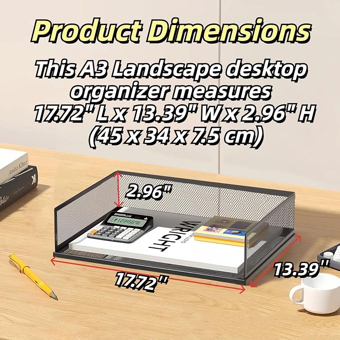 A3 Mesh Desk File Organizer, Stackable Paper Tray，Desktop Document Sorter, File Storage, 3/4/5-Tier Paper Letter Tray Organizer, Desk Accessories & Workspace, Black (3 Tier-Landscape-Black)