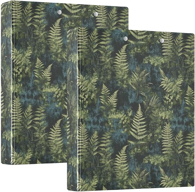 Vintage Green Ferns Binder 1.5 Inch Binder with Clipboard&Pockets, Plant Leaves Hardcover Binders 3 Ring, Heavy Duty Large File Folder for Office School Supplies - Holds 200 Sheets