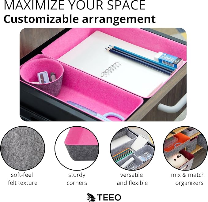 Teeo - Desktop Storage Drawers - Makeup Organizer Drawers - Office Drawer Organizer Tray - Pink Organizers and Storage - Home Desk Bins Dividers Box Compartment Organization - Pack of 7, Hot Pink