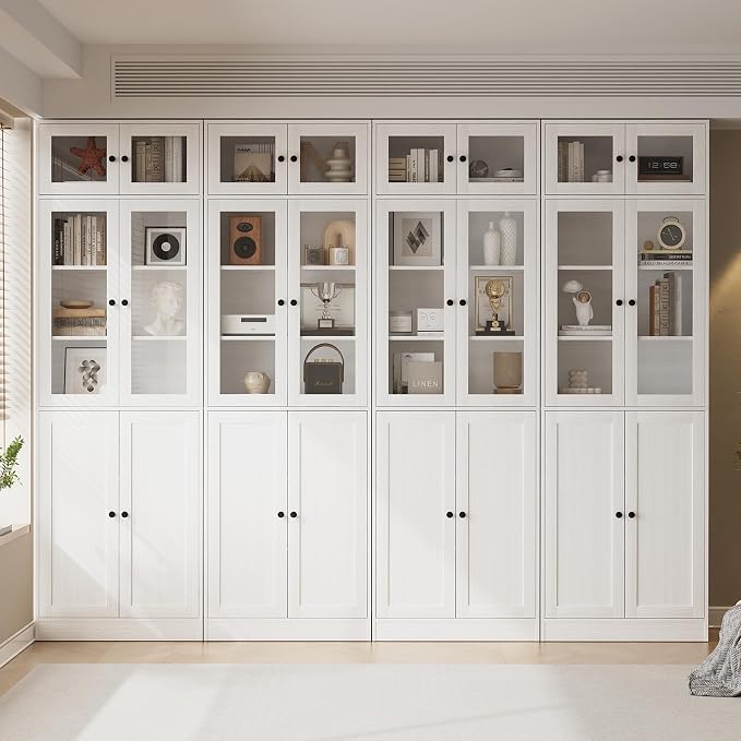 TUSY 85.5" Modern Tall Bookcase with Glass Doors, 7-Tier Wood Bookshelf with Storage for Home Office, Large Curio Cabinet for Living Room, Office, Bedroom, Family Room (White, B)