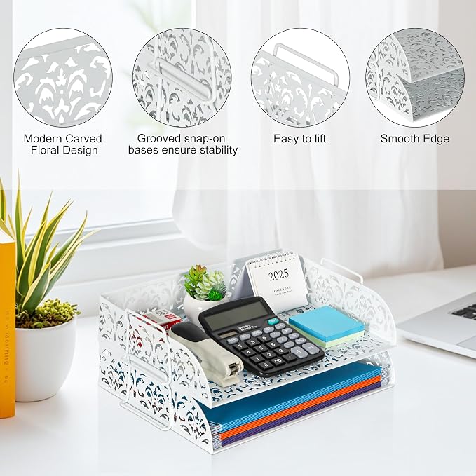 EasyPAG Paper Organizer for Desk 2 Tier Stackable Paper Tray for A4 Legal Size Folders Metal File Storage Desktop Organizer for Home Office School Teacher, White