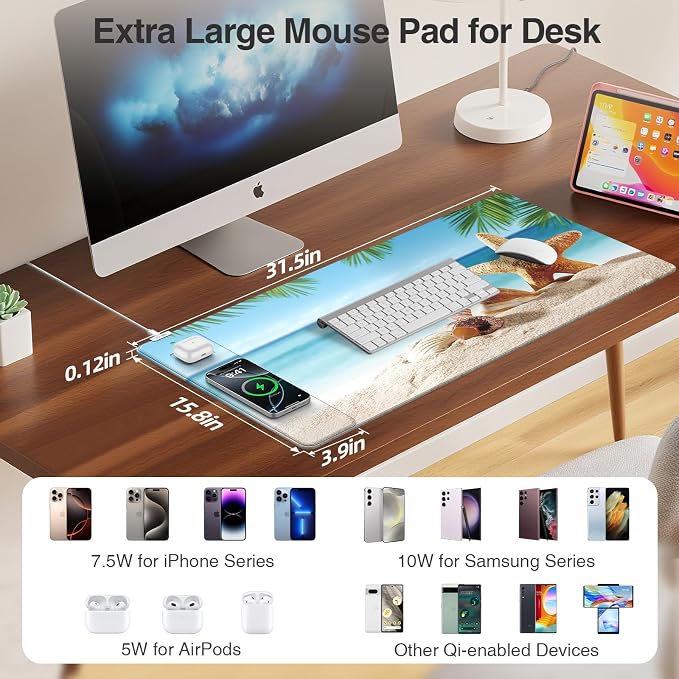Wireless Charging Mouse Pad, 31.5"x15.8", with 20W PD Adapter, Summer Beach | Desk Writing Pad for Home Office Gaming, Waterproof Ultra-Smooth Surface, Non-Slip Base