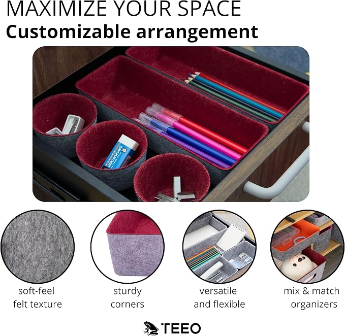 Teeo - Desk Tray Organizer - Makeup Organizer Drawers Storage - Home Office Cosmetic Bins Dividers Box Closet Compartment - Pack of 7, Burgundy