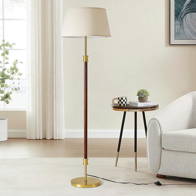 Modern Mid Century Wood Floor Lamp with Soft Linen Shade, 63” Tall Solid Wood & Brass Standing Lamp, Weighted Base, Warm Ambient Light for Living Room, Bedroom & Reading Corners (Solid Wood & Gold)