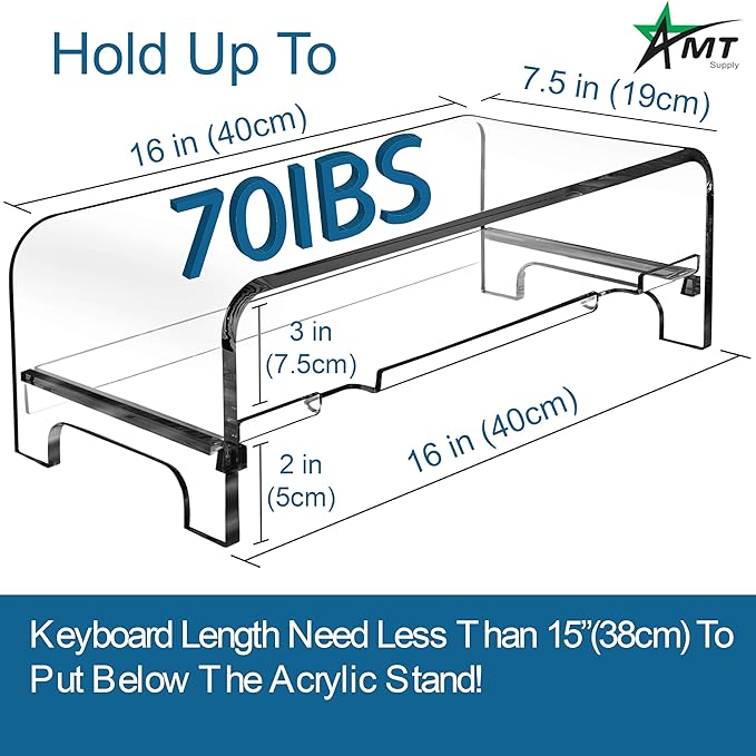 AMT 2 Tier 5.7 Inch High Acrylic Laptop Monitor Stand & Computer Riser with Cat Keyboard Protector, Space-Saving Design, Extra Storage, Clear Shelf - Ideal for Monitors, Laptops, Printers, Desktop