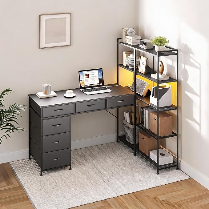 L Shaped Gaming Desk with Power Outlet & RGB Lights, Corner Computer Desk with 6 Drawers 5-Tier Shelves, PC Workstation with USB/Type-c Charging for Home Office, Black