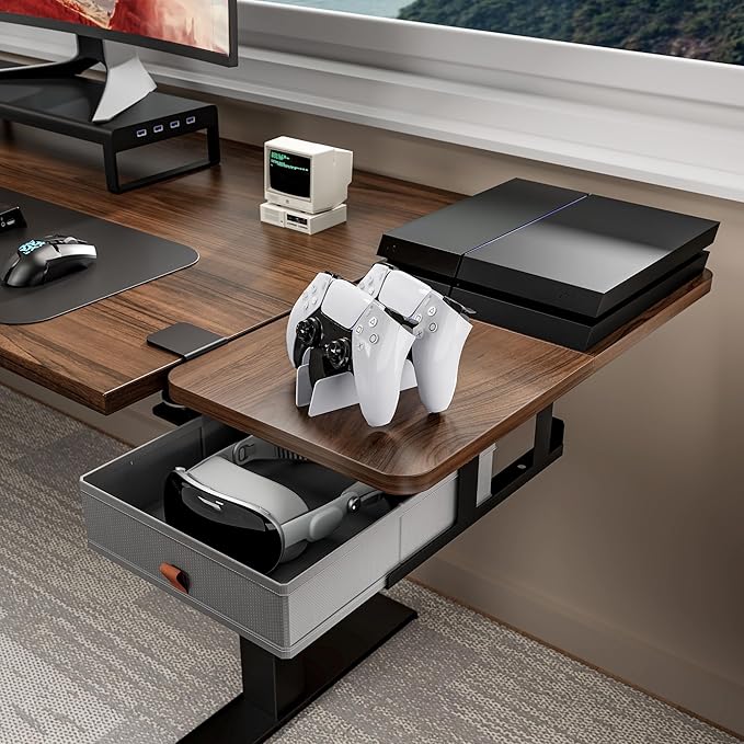 Desk Extender Tray, 24" x 12", with Storage Drawer, Medium, Walnut | Desk Extension, Clamp on Desk Shelf, Clamp On Keyboard Tray for Office and Home, Workstation Organizer