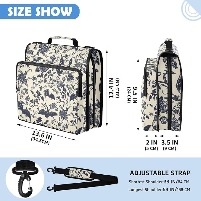 Goth Bats Floral Zipper Binder File Organizer Bag 3 D-Ring | with Shoulder Strap, Holds 500 Sheets & 14in Laptop, 3 Ring Binder for Office Supplies
