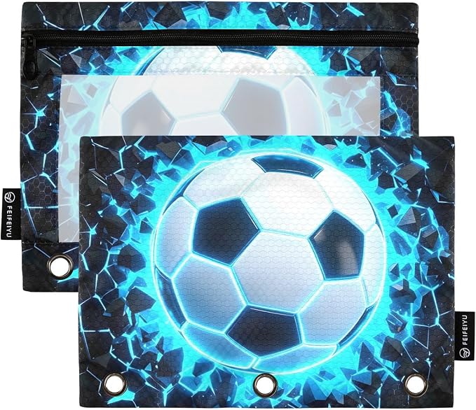 3D Soccer Football Blue Pencil Pouch for 3 Ring Binder, 2 Pack Waterproof Pencil Bags Clear Window Pencil Case Zipper School Office Supplies