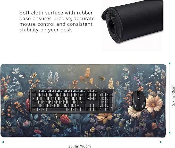 Floral Aesthetic Wildflower Gaming Mouse Pad, Morandi Vintage Botanical Desk Mat with Anti-Slip Base & Stitched Edges,35.4" x 15.7" in Desk Accessories for Women, Home Office Decor & Artistic Gift