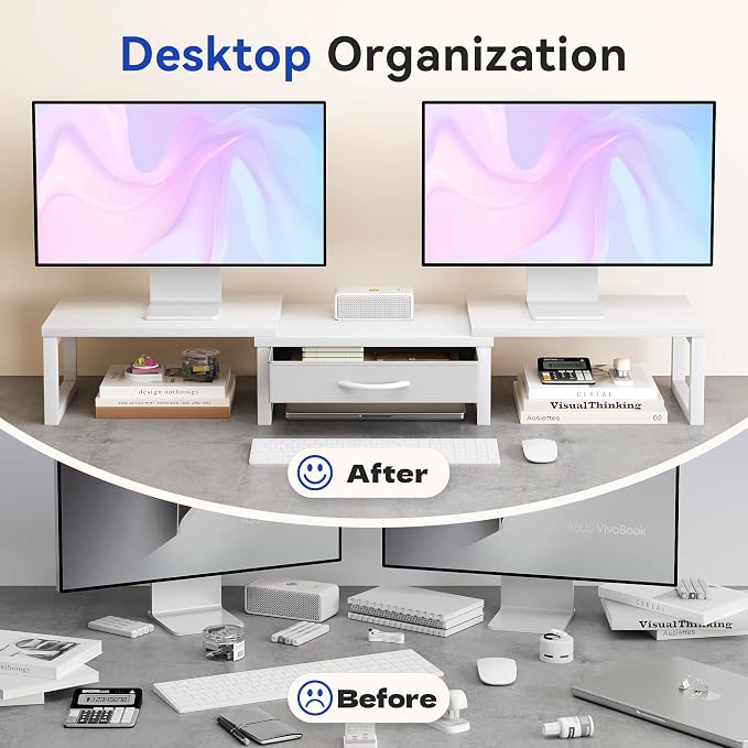 Dual Monitor Stand Riser, Desk Organizers and Accessories with Drawer, Computer Monitor Stands for Desk, Adjustable Desktop Shelf for PC Laptop Printer TV, White