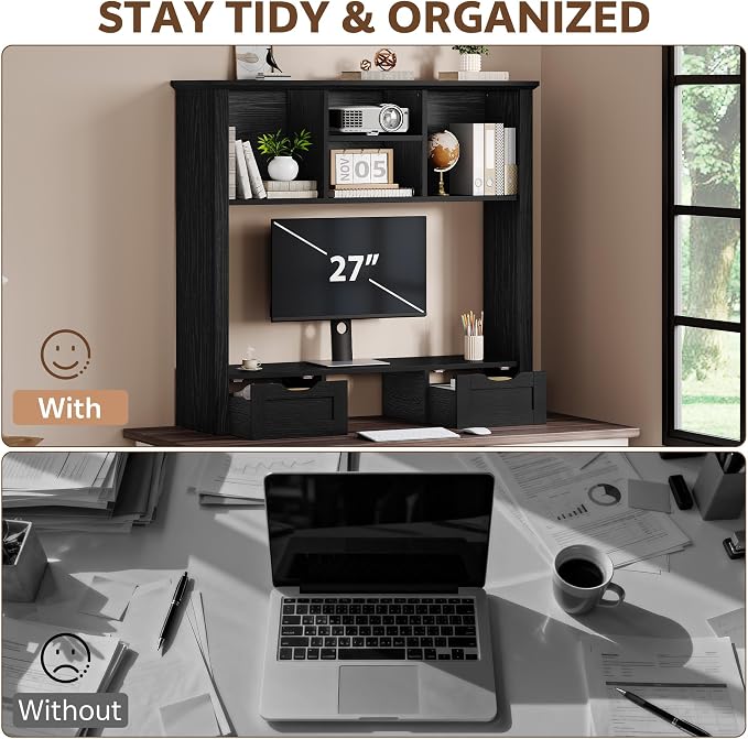 Desk Shelf with Computer Monitor Stand, 37.4''W Desktop Bookshelf | Display Rack, Desktop Organizer Storage Rack with Cubbies & Drawers, 5-Tier Hutch for Home, Office, Dorm, Vanity, Black