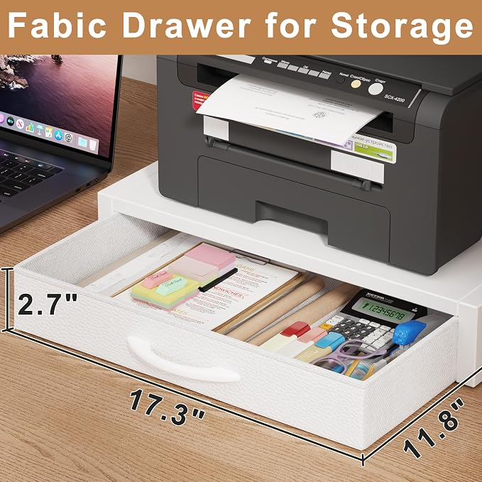 YAOHUOO 2-Tier Desktop Printer Stand with Fabric Drawer,19.6"x14.9" White | Printer Table with Storage Shelf,Desk Organizer for Home Office,Fit Printer,Fax Machine,Scanner,Space Saving for Two Monitors