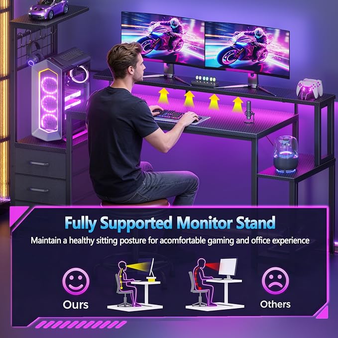 Korfile 55 Inch Gaming Desk with Bluetooth LED Lights & Power Outlets,Computer Desk with Fabric Drawers & Hooks,Reversible Gamer Table with Monitor Stand for Game Room,Home Office,Carbon Fiber Black | Reversible，Computer Desk, Gamer Table, Bluetooth LE...