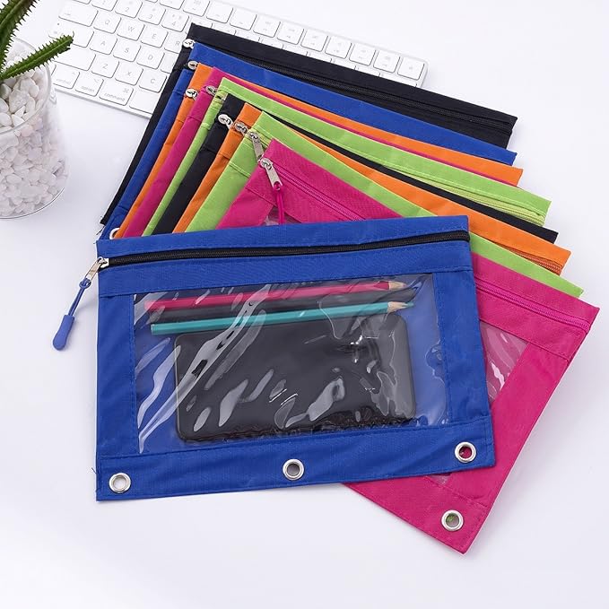 Pencil Pouch for 3 Ring Binder, Large Pencil Case with Clear Window, Metal Zipper Binder Pencil Pouches Fit Standard Binders, Durable Organizer for Office School Supplies 10Pack