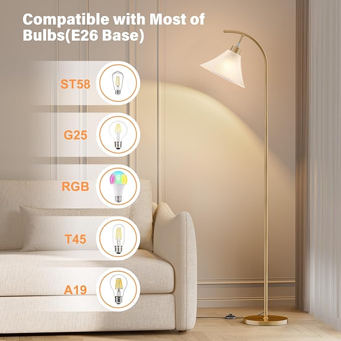 Gold Floor Lamp with Remote, Dimmable Glass Arc Standing Lamp, Ribbed Frosted Glass Shade, 3 Color Temperatures, Foot Switch, 9W LED Bulb for Living Room Bedroom Office