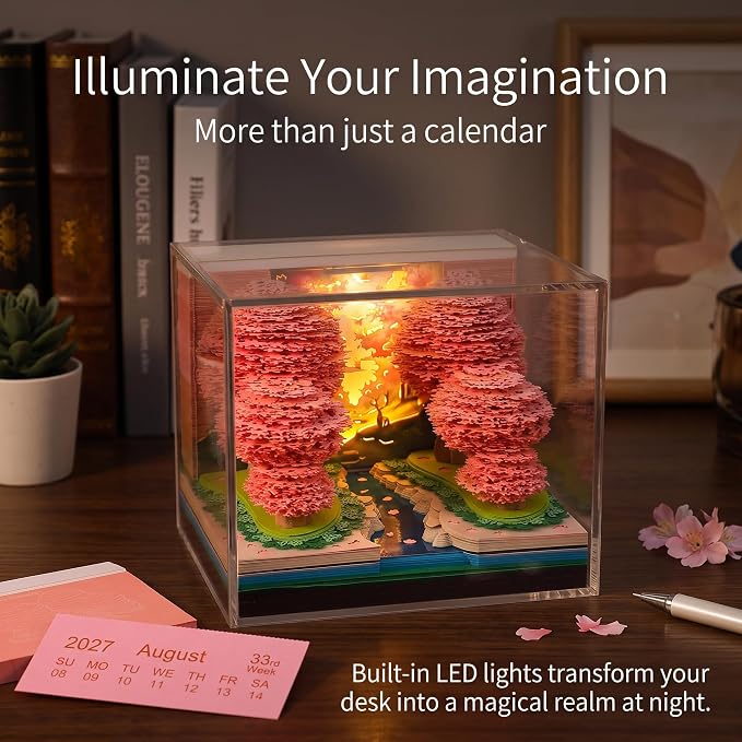 Time Piece Calendar 2027 Desk Calendar with LED Light 3D Tear-away Paper Carving Art Memo Pad Notepad Gift for Christmas Housewarming Desktop Decoration (Peach forest)