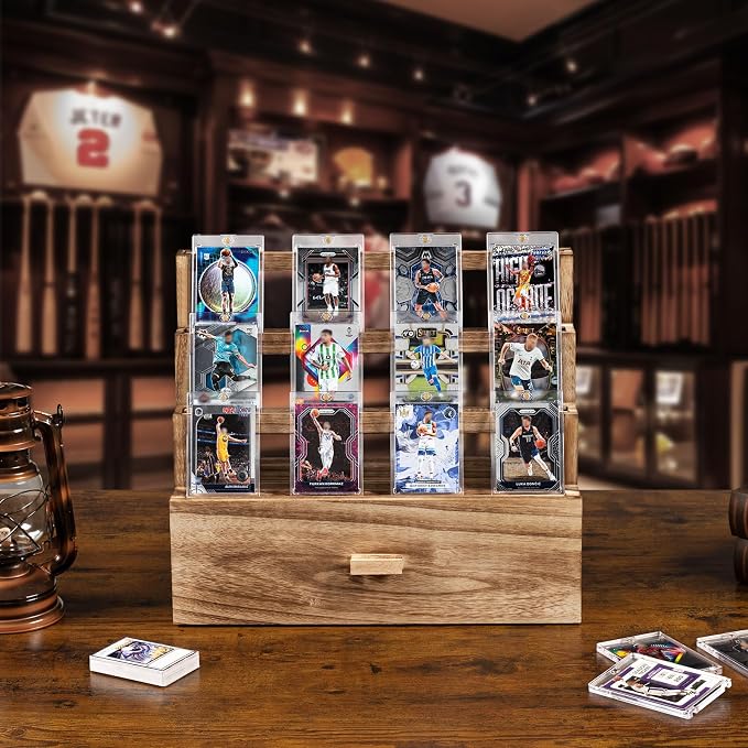 Emfogo Trading Card Display, 3-Tier Card Display Case with Custom Drawer, Wood Graded Card Display with Supporters and Dividers, Sports Card Display Case (Brown)