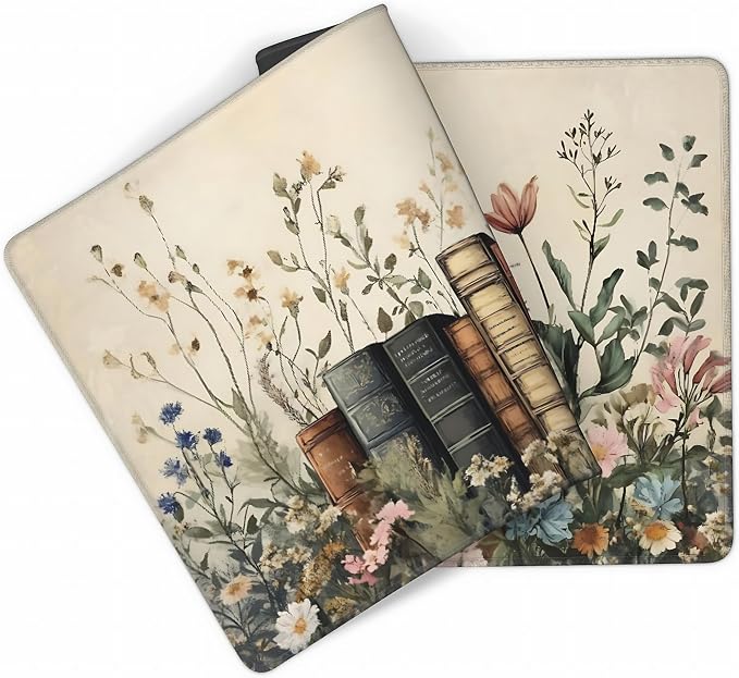 Floral Aesthetic Book Gaming Mouse Pad, Beige Vintage Botanical Desk Mat with Anti-Slip Base & Stitched Edges, Computer Keyboard & Laptop Pad, 35.4" x 15.7" in in Workstation Accessories