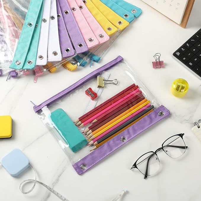 24 Pack Pencil Pouches for 3 Ring Binder Bulk Enlarge Clear Window Pencil Pouches Zipper Pen Case 3 Reinforced Grommet Pen Bag for Binder Utensil Organize Office Supplies(Macaron Colors Series)