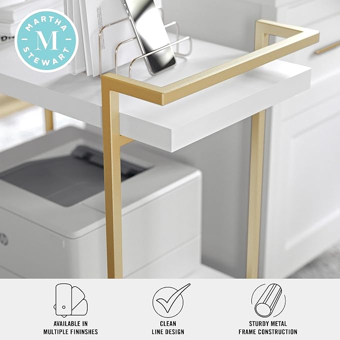 Martha Stewart Liam 2-Tier Mobile Office Storage and Printer Cart, White | Polished Brass Frame