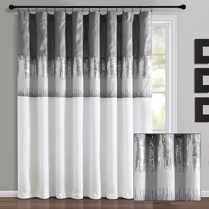 Lush Decor Night Sky Window Curtain Panel, Single 100"W x 84"L Gray & White - Sequin Backdrop Curtain - Extra Wide Curtains - Sliding Door Curtain