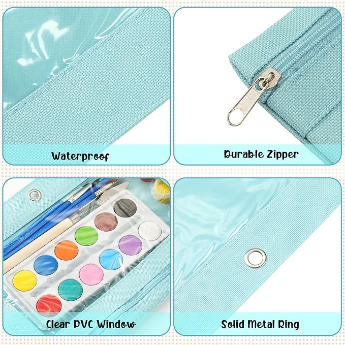 Marspark 30 Packs Pencil Pouch 3 Ring Binder Pen Pouch Cloth Pencil Pouches Zipper Pen Case Bag with Clear Window for Office Writing Supplies Gifts (10 Color)