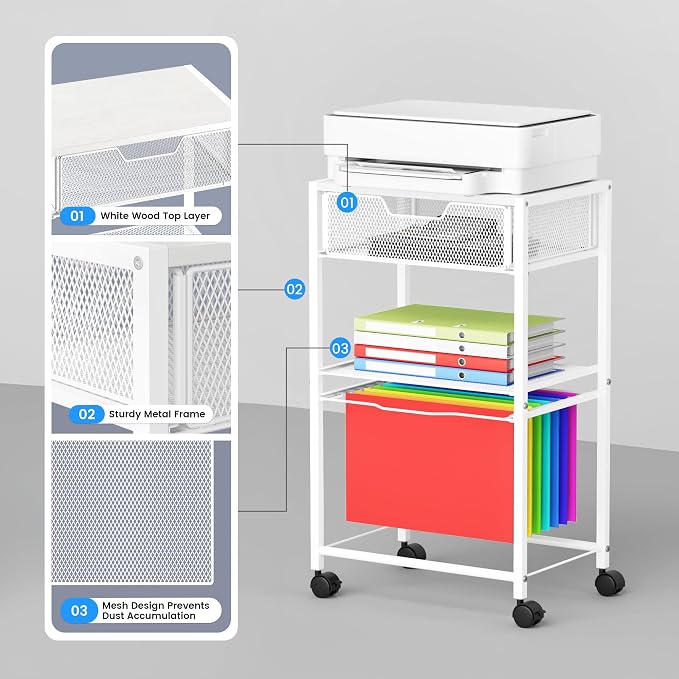 Cawukege 3 Tier Printer Stand, Small Mobile Table with Wheels, Printer Shelf Rolling Cart with Storage Desk Organizer Hanging File for Office Home, White