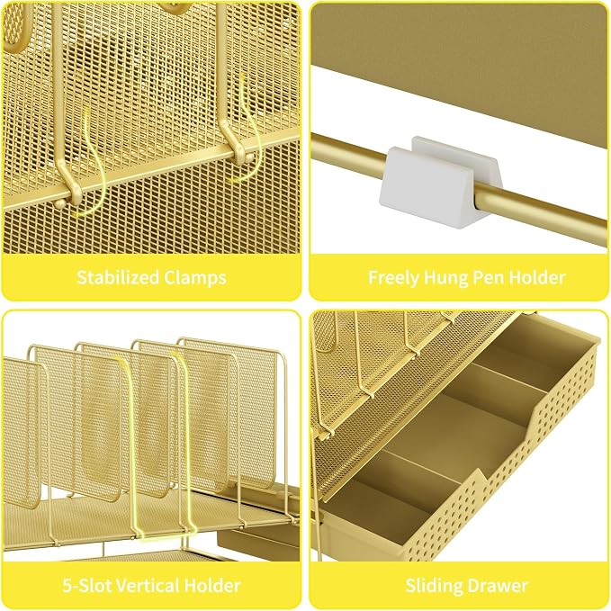 LEKETREE Gold Desk Organizer, Office Organization with Vertical File Holder, File Organizer with Drawer and Pen Holder, Desk Accessories and Workspace Organizers for Home Office (Gold)