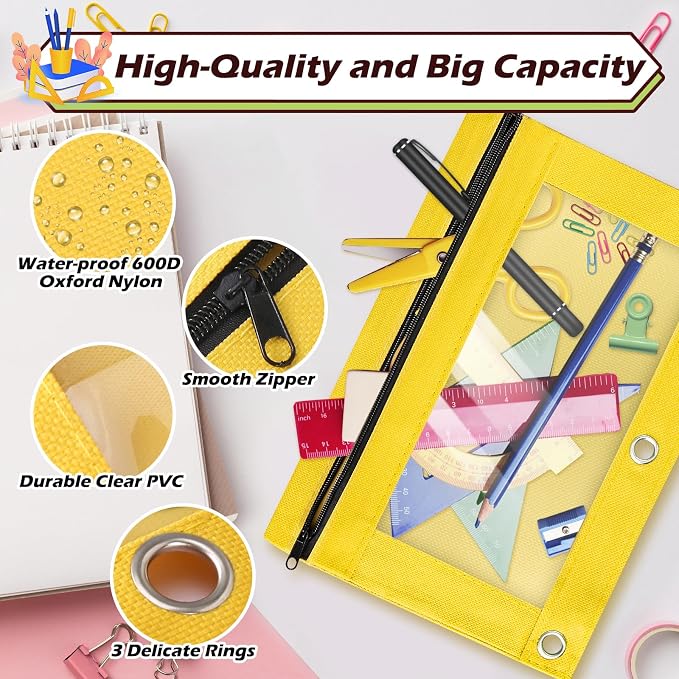Pencil Pouch for 3 Ring Binder, 72 Piece Bulk 3 Holes Zipper Pencil Pouches in 6 Assorted Colors, Clear Durable Pencil Case for School, Classroom, Office Supplies